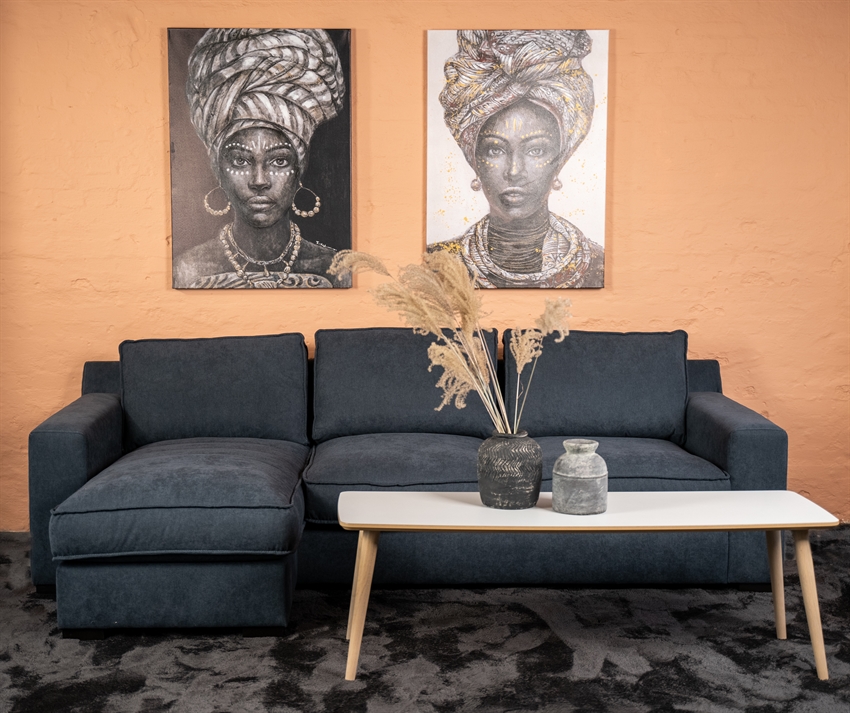 Se Lønstrup sofa med chaiselong | Grå/blåt stof hos Møbelsalg