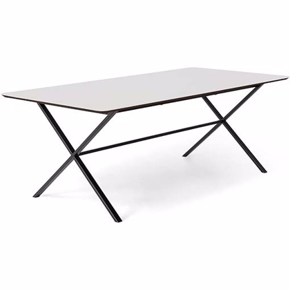 MEZA spisebord m. krydsstel | 210 x 100 cm | Hvid Laminat | Runde hjørner